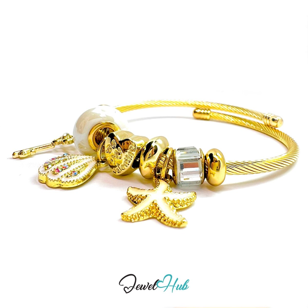 Gold Stainless Steel White Shell & Starfish Beads Charm Bangle - JewelHub.co.uk