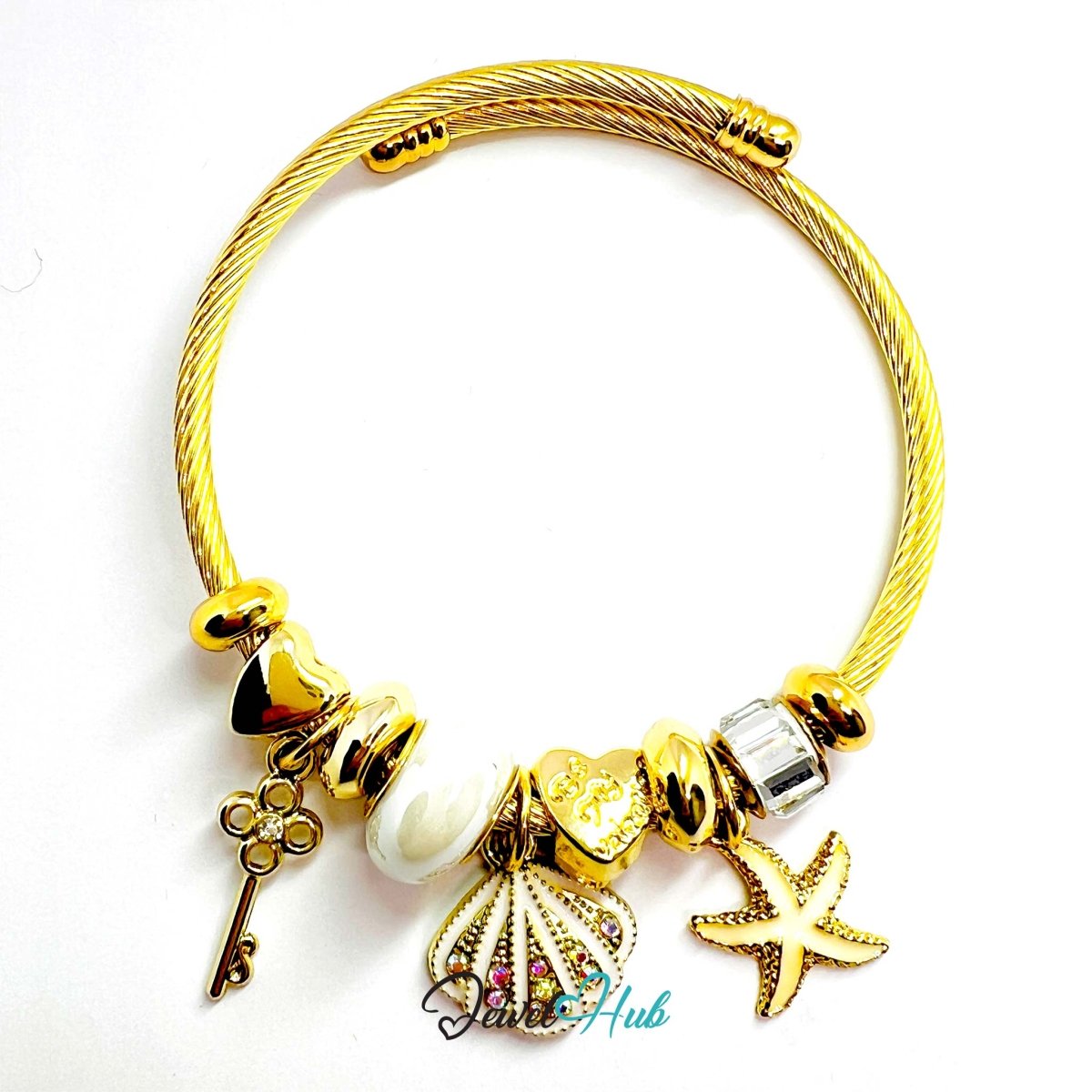 Gold Stainless Steel White Shell & Starfish Beads Charm Bangle - JewelHub.co.uk