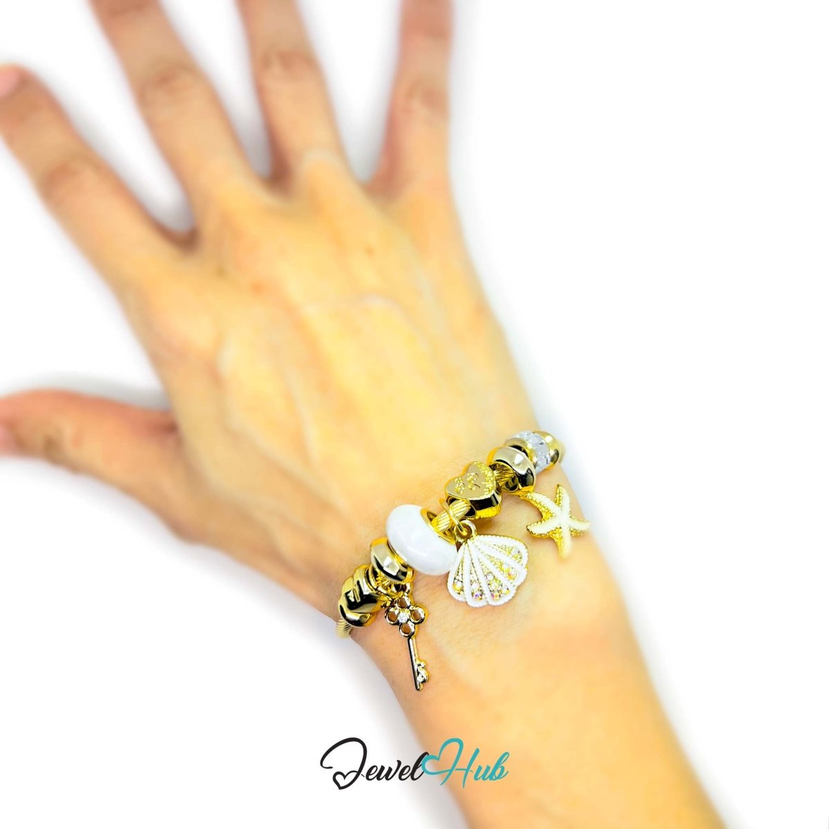 Gold Stainless Steel White Shell & Starfish Beads Charm Bangle - JewelHub.co.uk