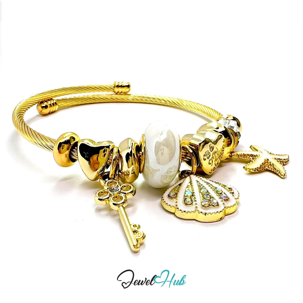 Gold Stainless Steel White Shell & Starfish Beads Charm Bangle - JewelHub.co.uk