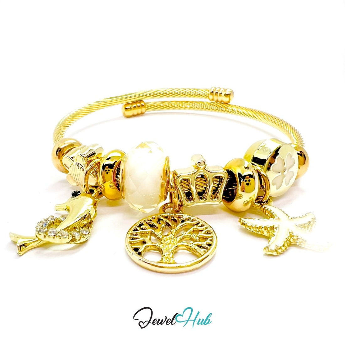 Gold Stainless Steel White Tree of Life Beads Charm Bangle - JewelHub.co.uk