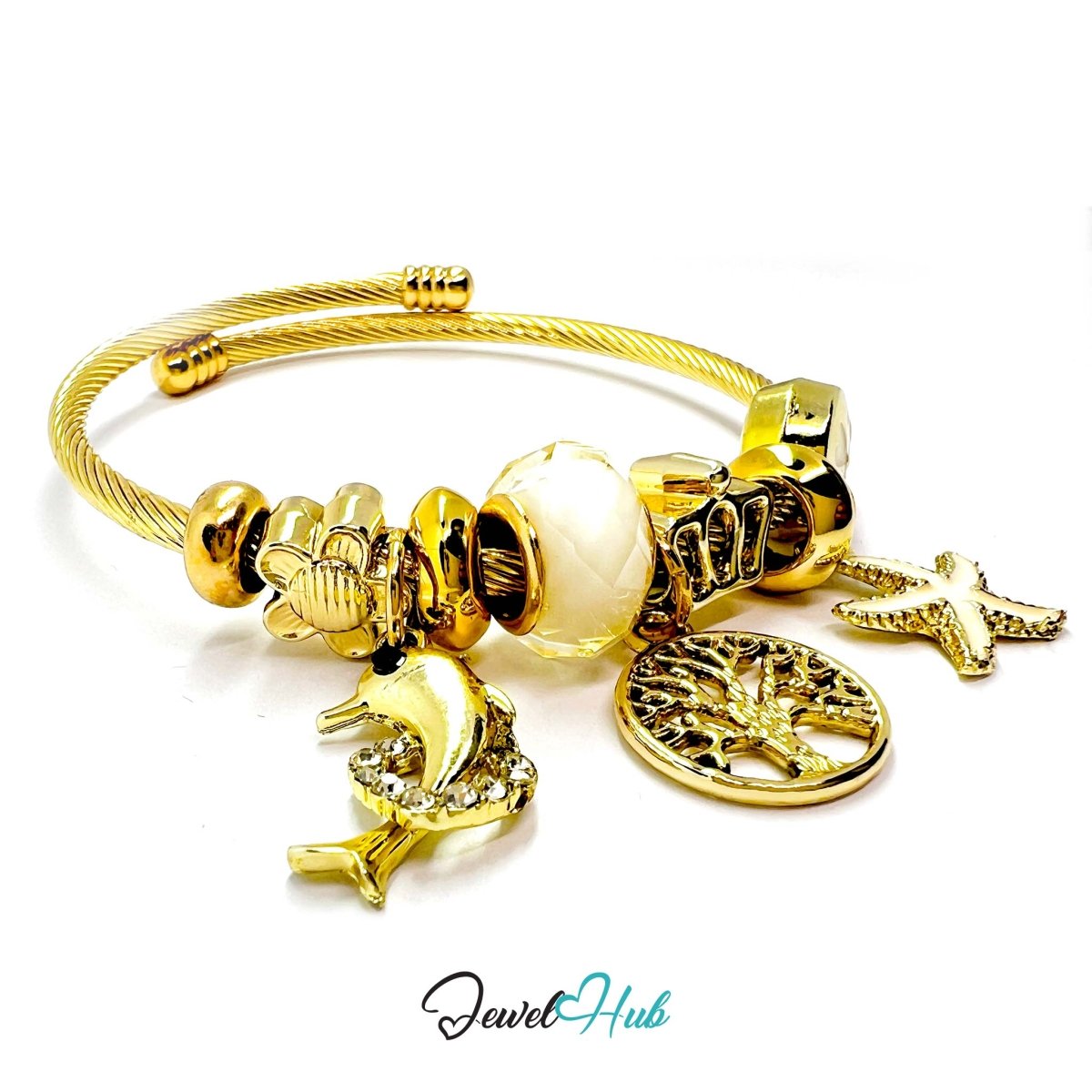 Gold Stainless Steel White Tree of Life Beads Charm Bangle - JewelHub.co.uk