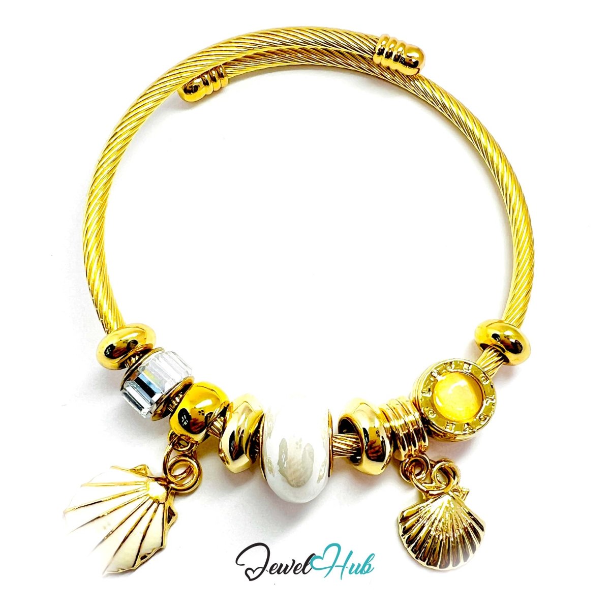 Gold Stainless Steel White Twin Shell Beads Charm Bangle - JewelHub.co.uk