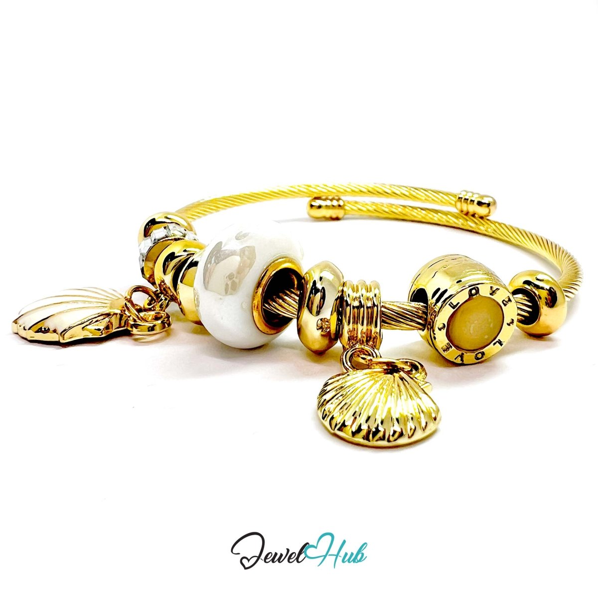 Gold Stainless Steel White Twin Shell Beads Charm Bangle - JewelHub.co.uk