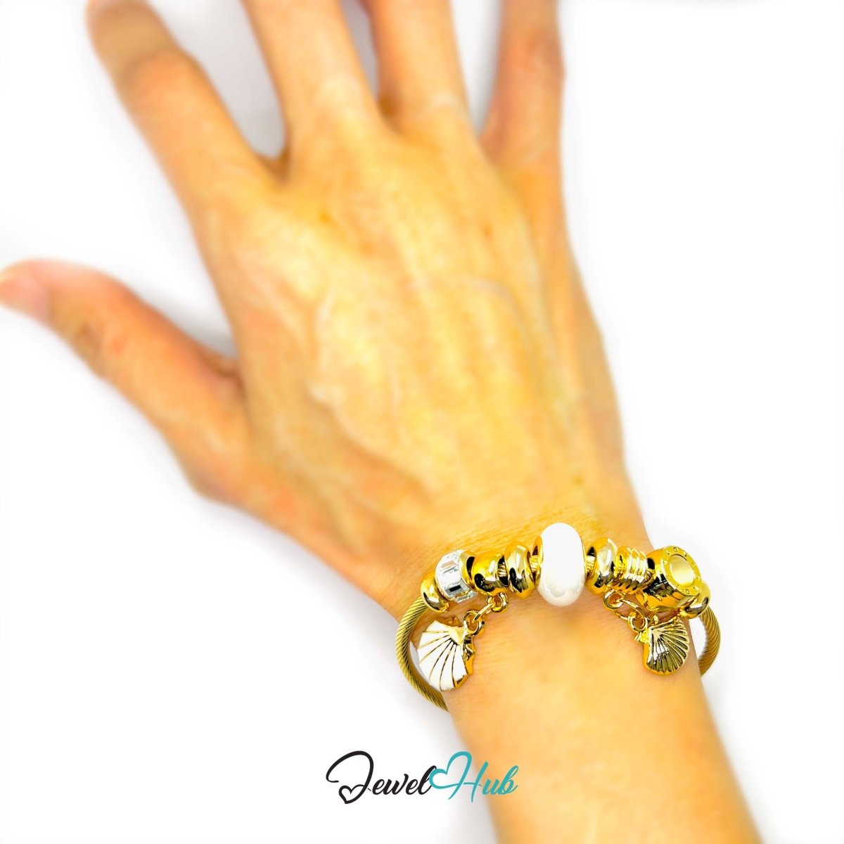 Gold Stainless Steel White Twin Shell Beads Charm Bangle - JewelHub.co.uk