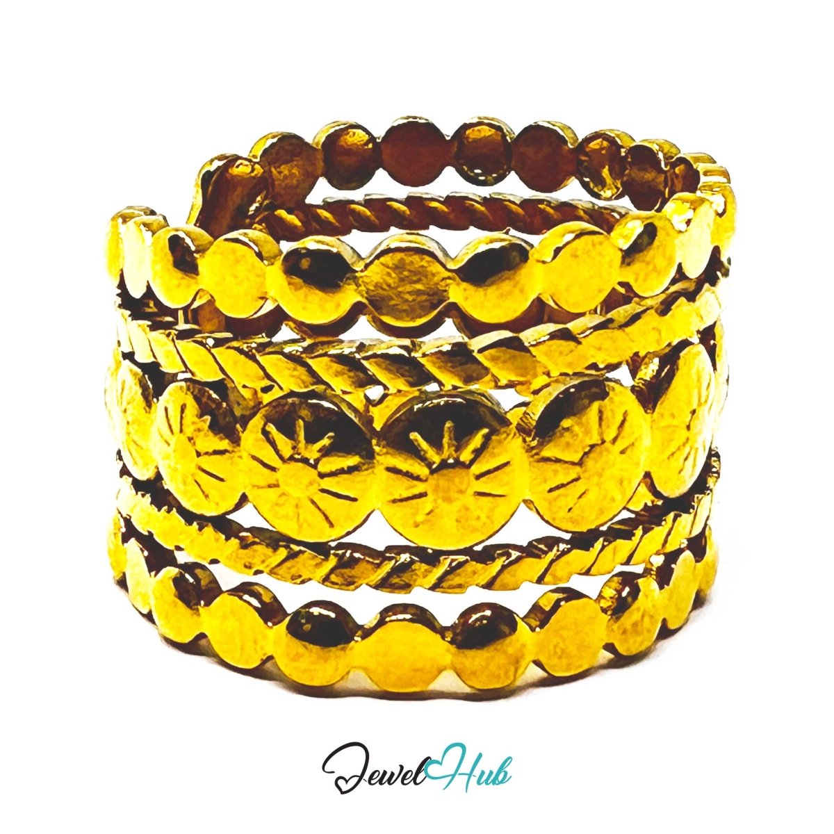 Gold Sun Disc Multi Row Adjustable Stainless Steel Band Ring - JewelHub.co.uk