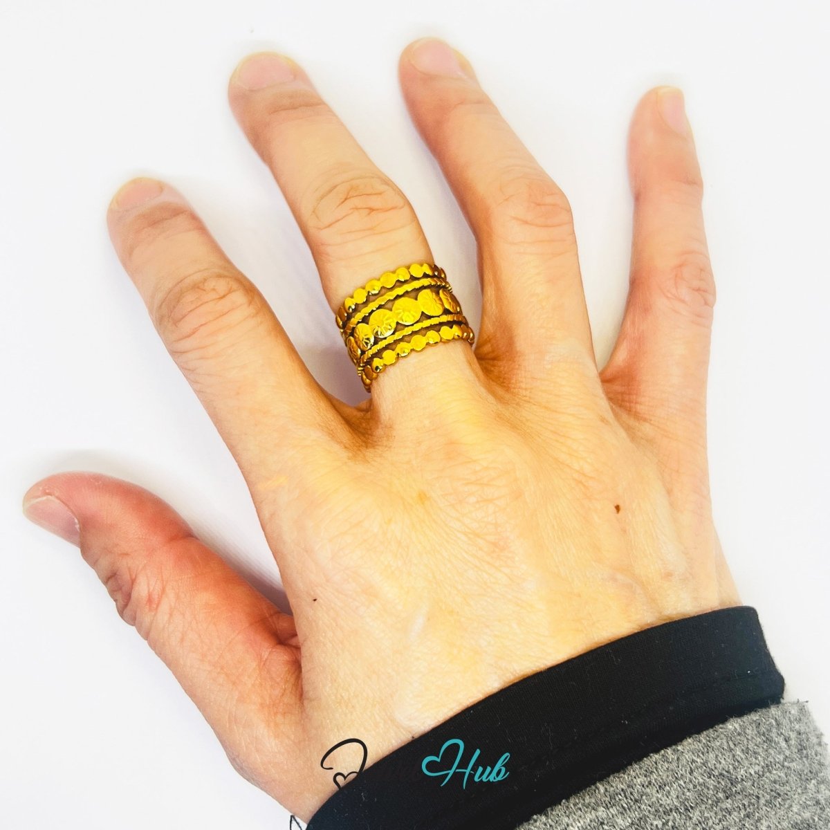 Gold Sun Disc Multi Row Adjustable Stainless Steel Band Ring - JewelHub.co.uk
