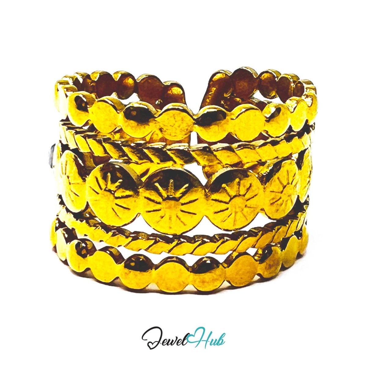 Gold Sun Disc Multi Row Adjustable Stainless Steel Band Ring - JewelHub.co.uk