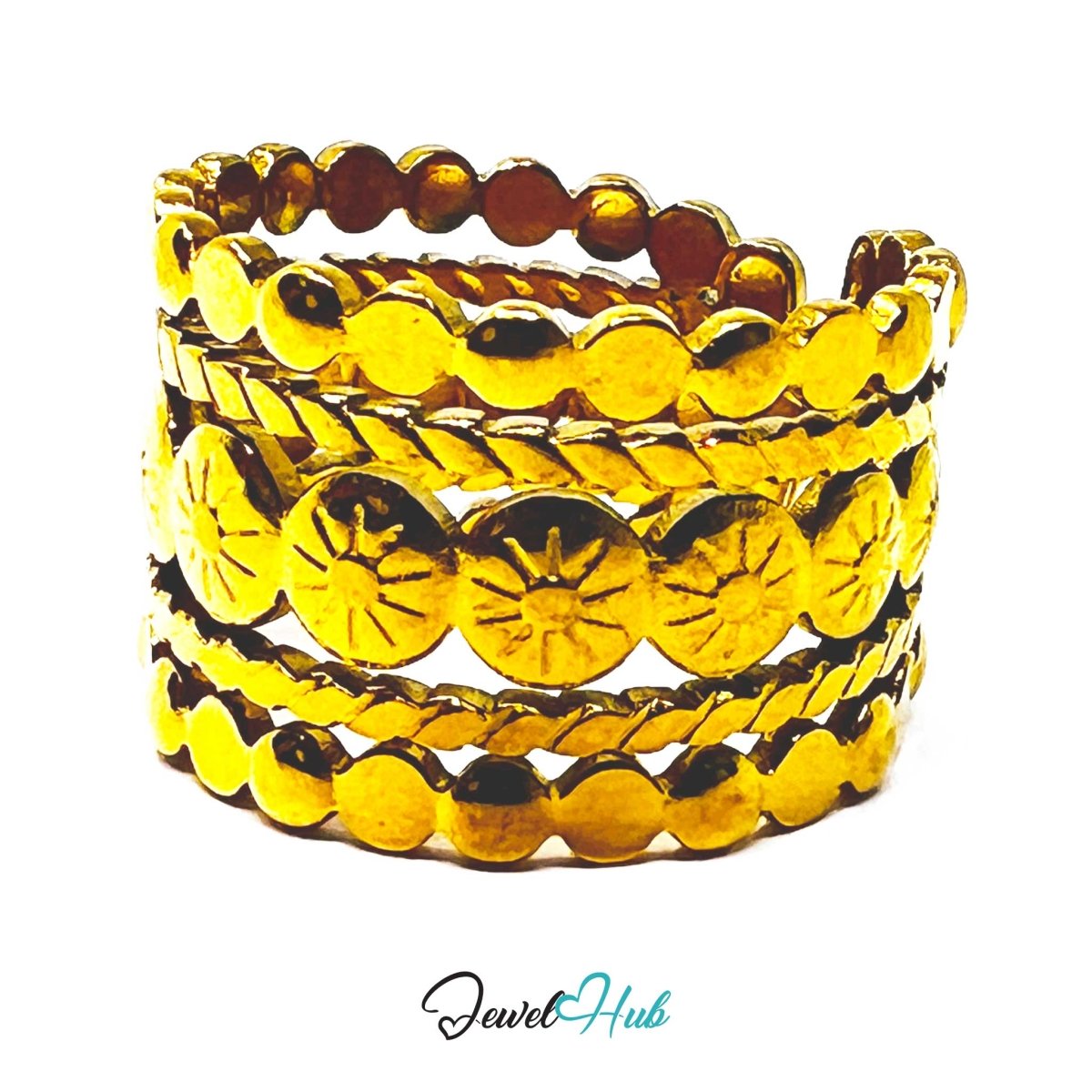 Gold Sun Disc Multi Row Adjustable Stainless Steel Band Ring - JewelHub.co.uk