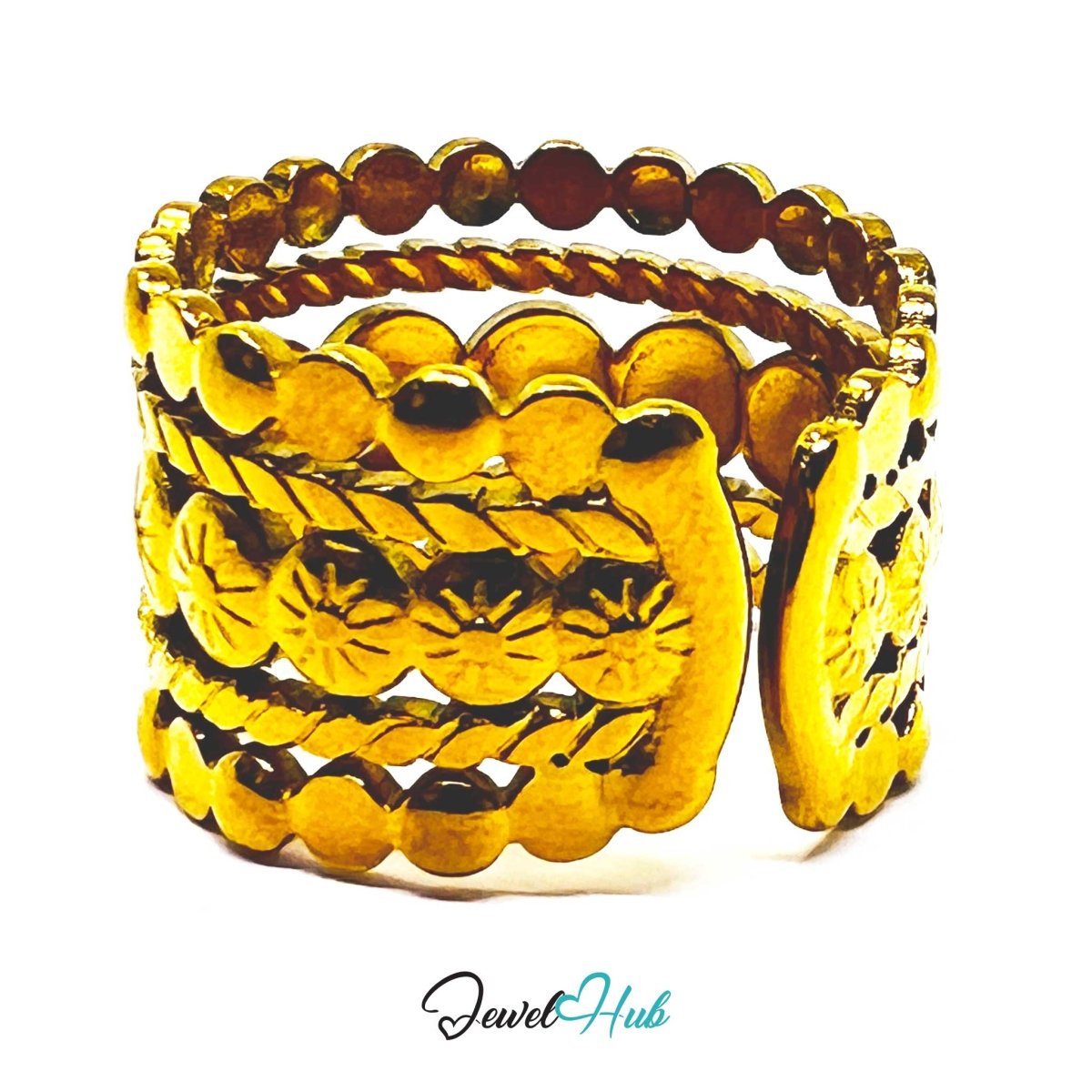 Gold Sun Disc Multi Row Adjustable Stainless Steel Band Ring - JewelHub.co.uk