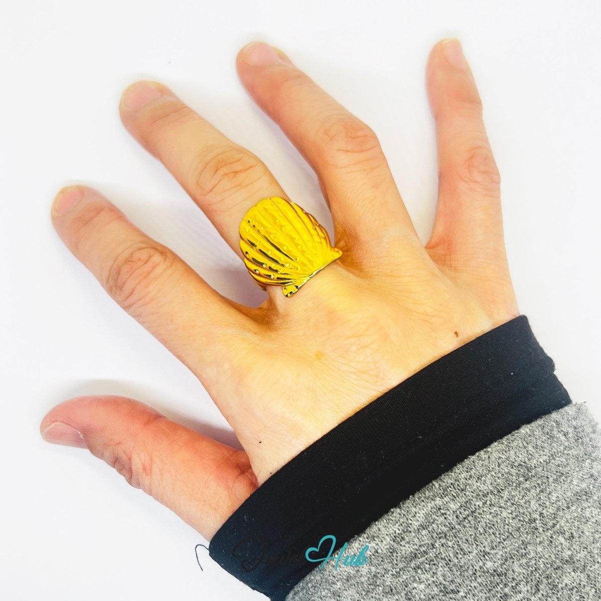 Gold Textured Shell Adjustable Stainless Steel Statement Ring - JewelHub.co.uk