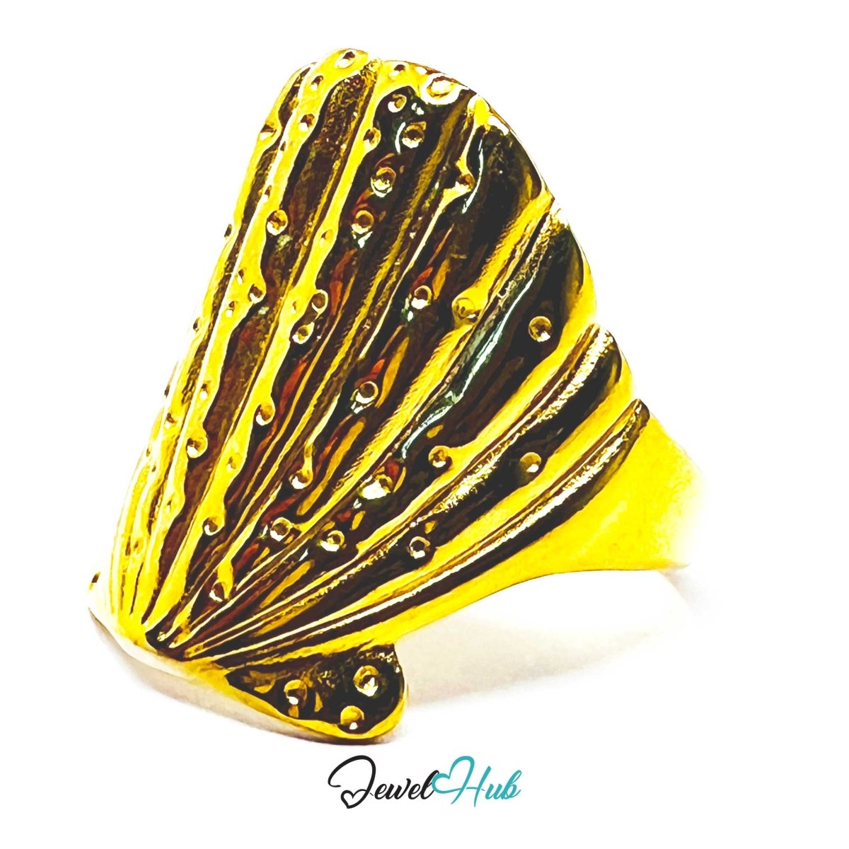 Gold Textured Shell Adjustable Stainless Steel Statement Ring - JewelHub.co.uk