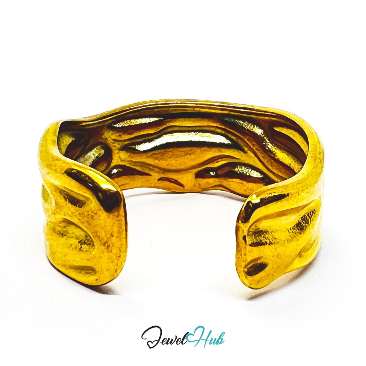 Gold Textured Wave Adjustable Stainless Steel Band Ring - JewelHub.co.uk