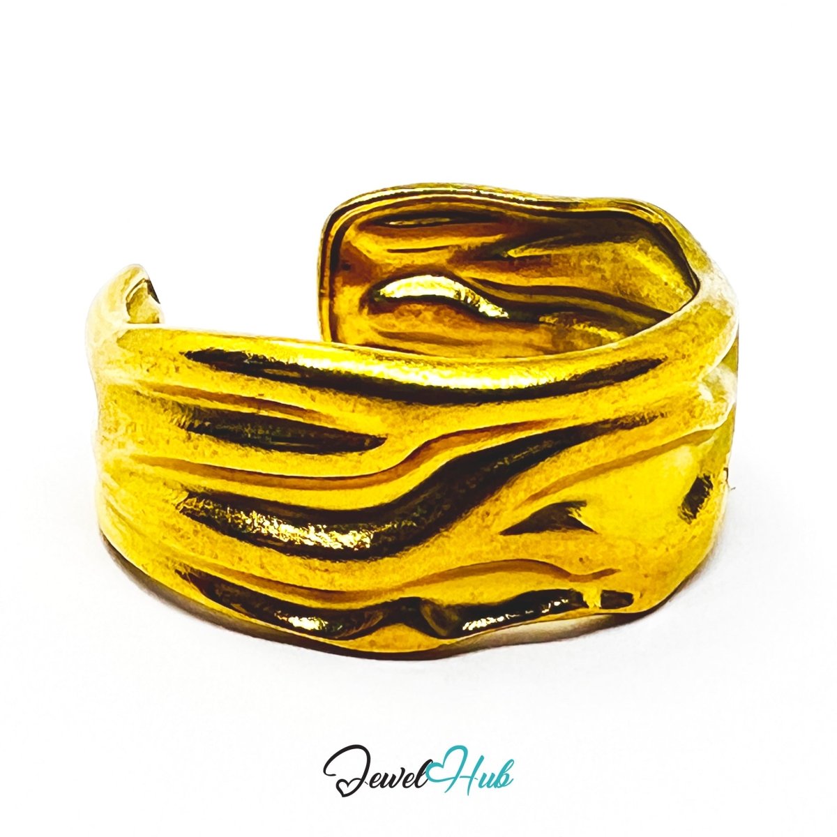 Gold Textured Wave Adjustable Stainless Steel Band Ring - JewelHub.co.uk