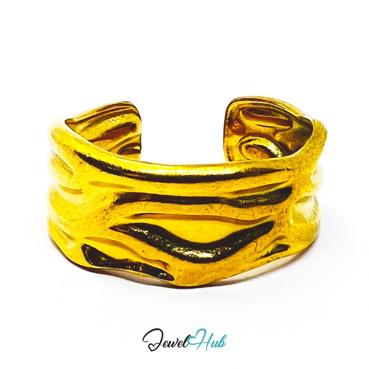 Gold Textured Wave Adjustable Stainless Steel Band Ring - JewelHub.co.uk