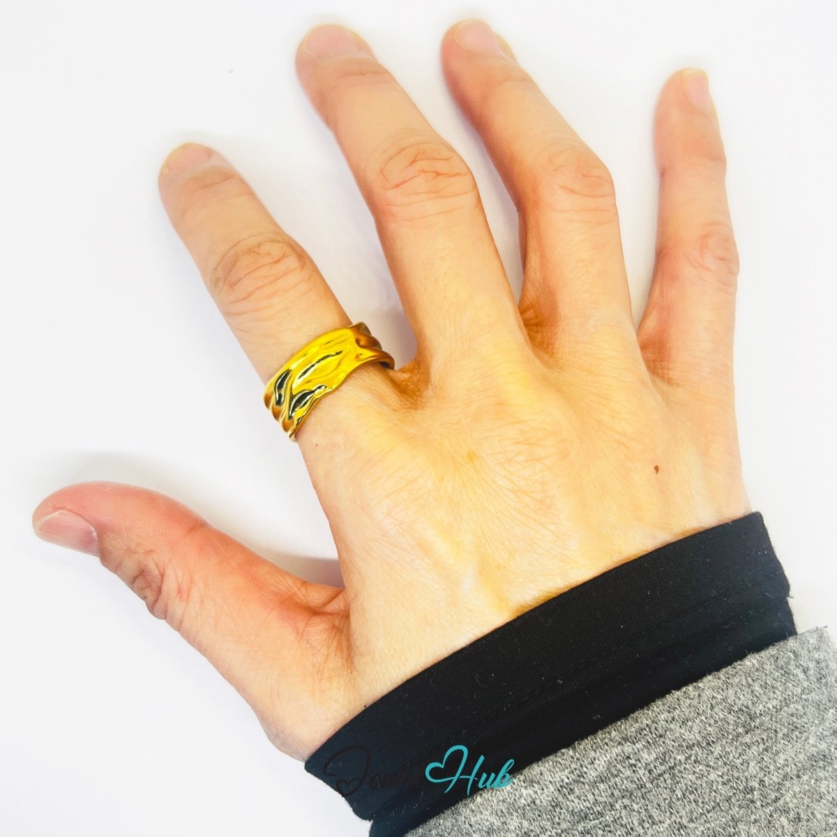 Gold Textured Wave Adjustable Stainless Steel Band Ring - JewelHub.co.uk