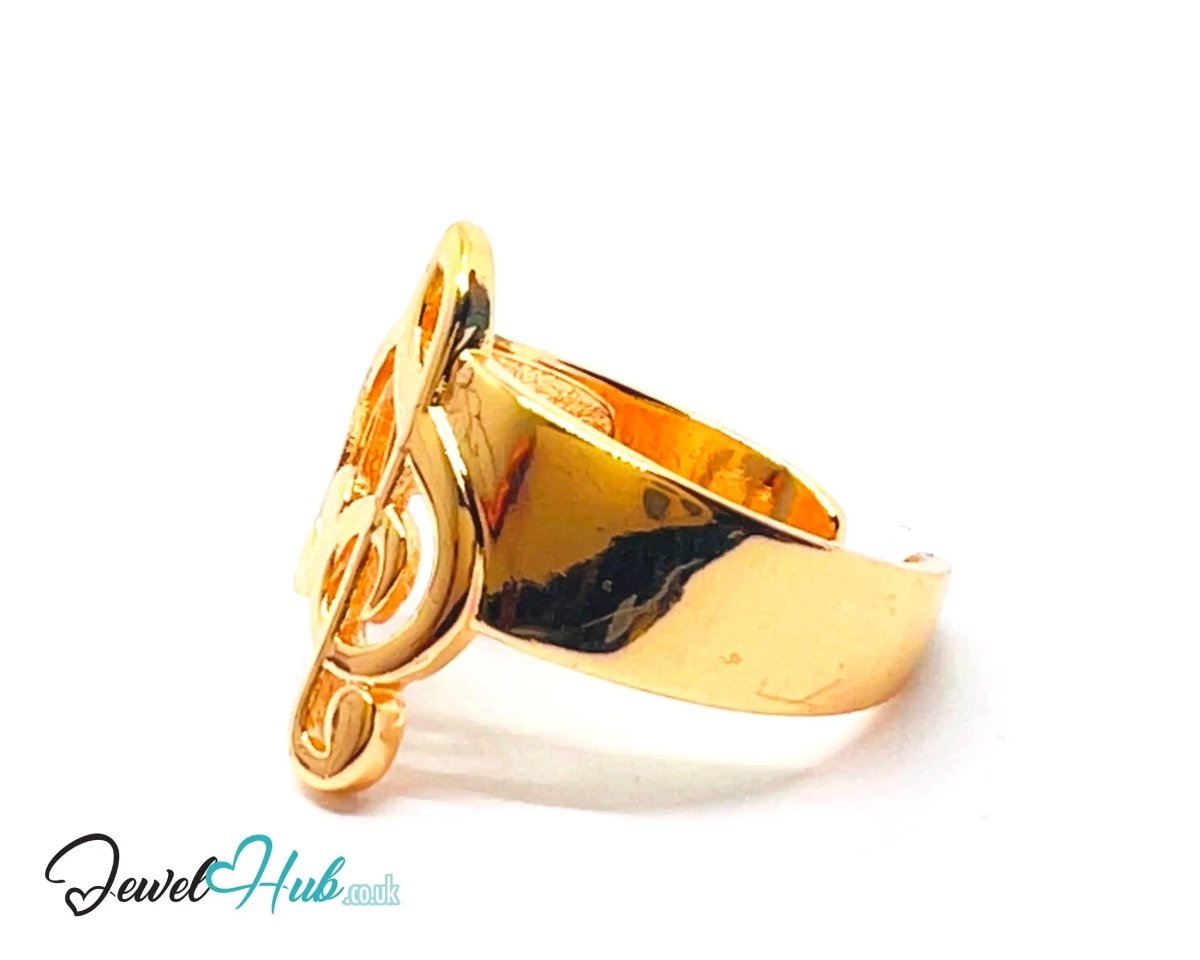 Gold Treble Clef Ring 🔱 Premium Copper · Gold K Plated · Adjustable (M/N/O/P) · Sculptural Music Motif - JewelHub.co.uk