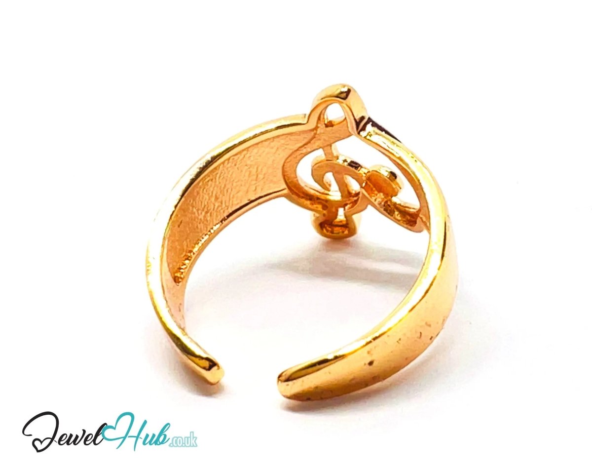 Gold Treble Clef Ring 🔱 Premium Copper · Gold K Plated · Adjustable (M/N/O/P) · Sculptural Music Motif - JewelHub.co.uk
