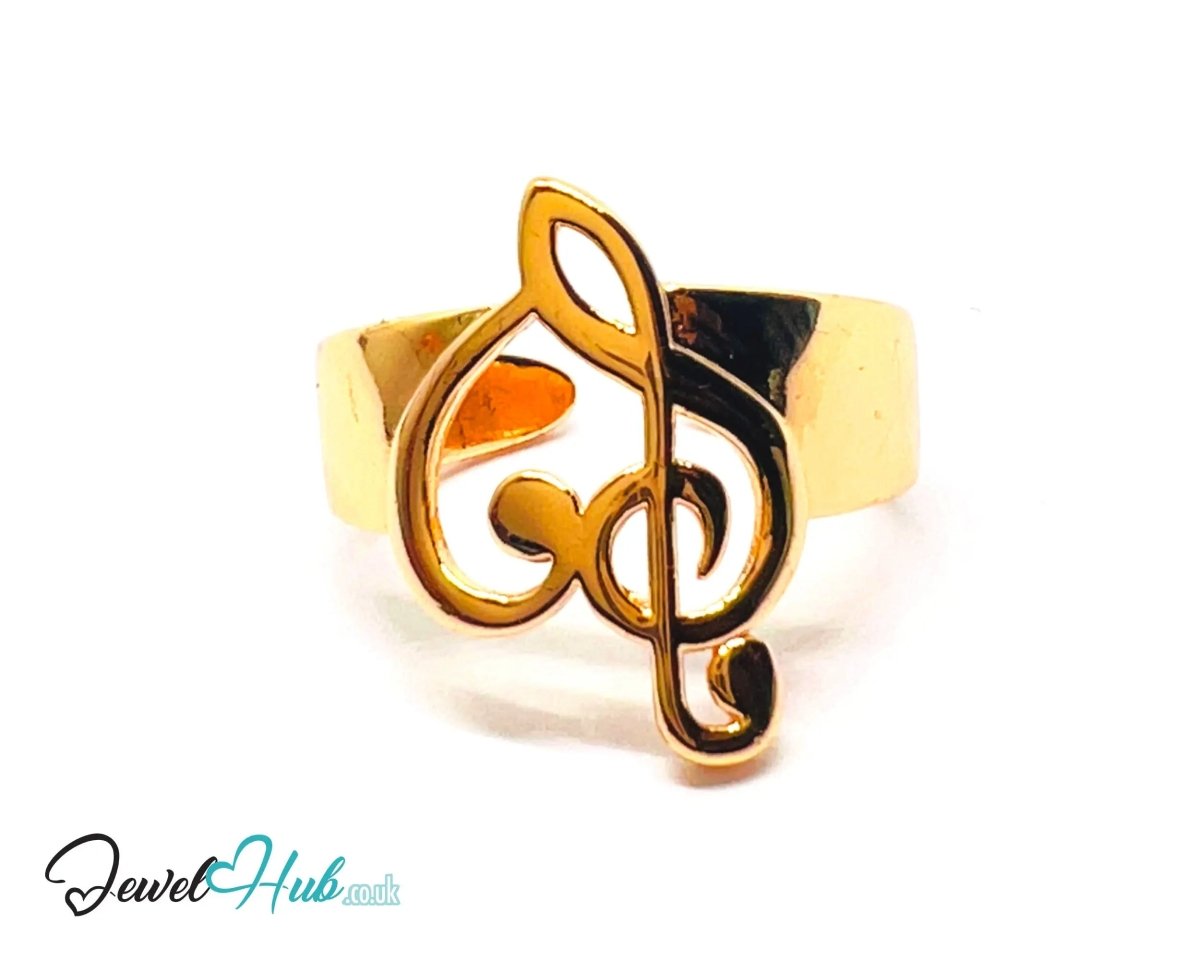 Gold Treble Clef Ring 🔱 Premium Copper · Gold K Plated · Adjustable (M/N/O/P) · Sculptural Music Motif - JewelHub.co.uk