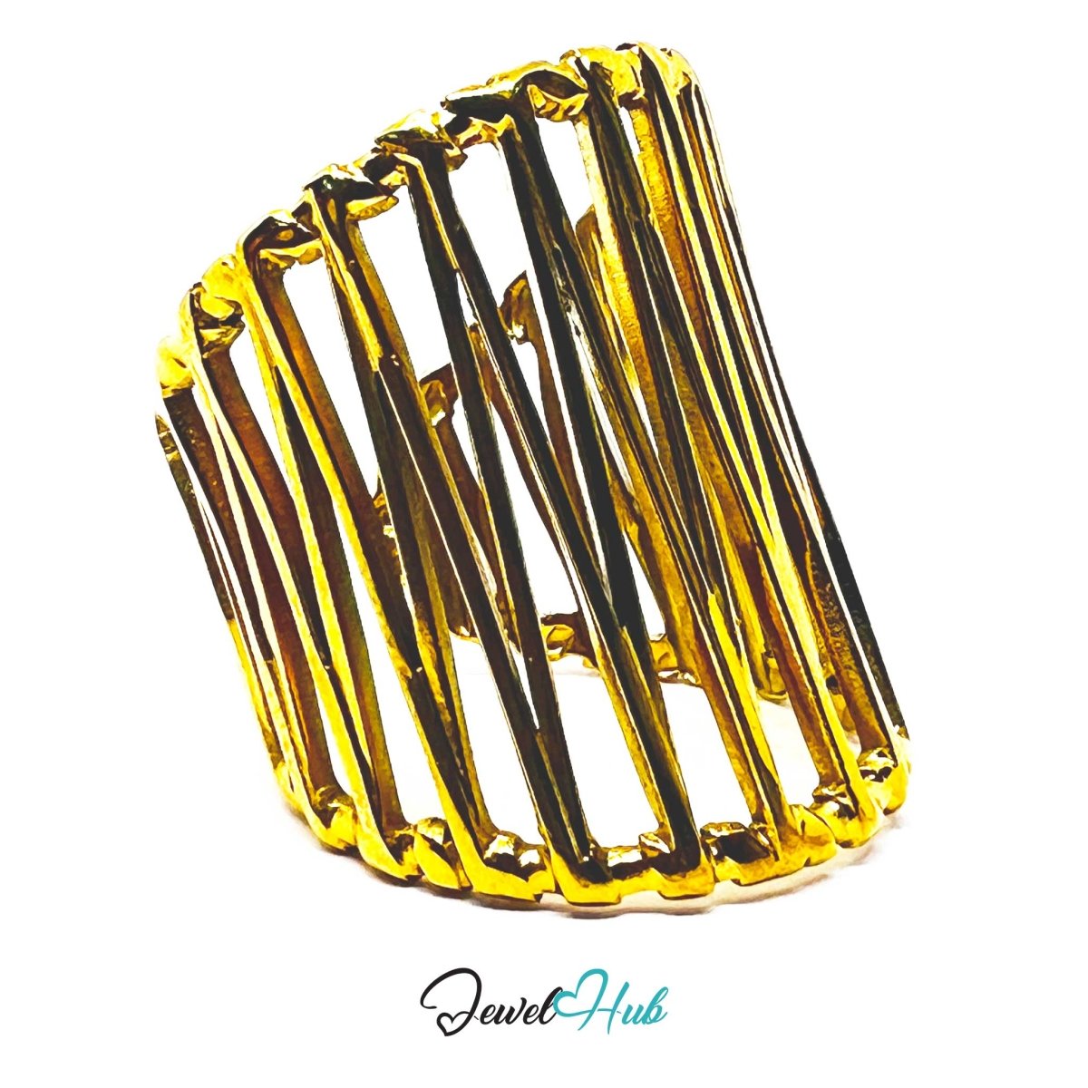 Gold Vertical Bar Cage Adjustable Stainless Steel Statement Ring - JewelHub.co.uk