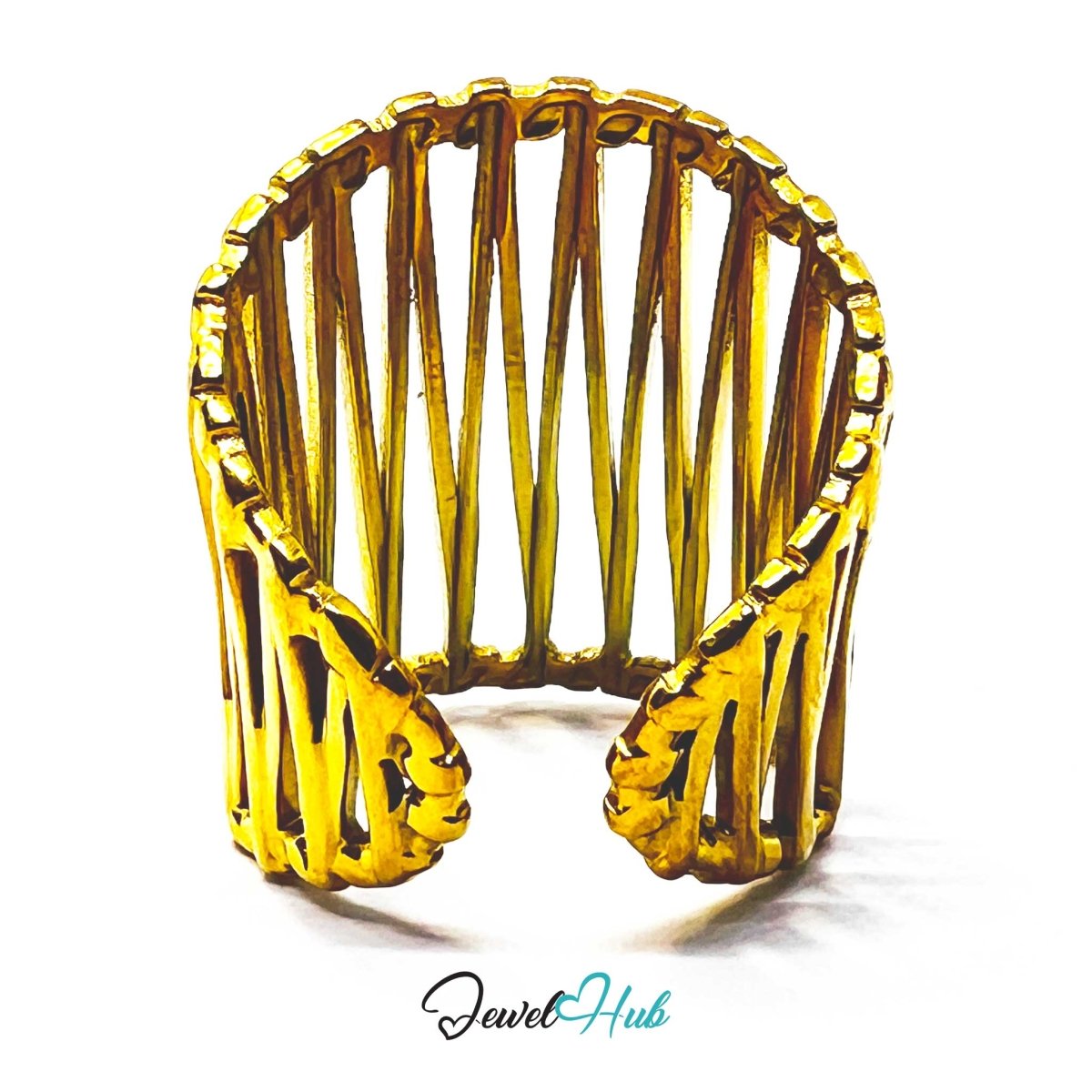 Gold Vertical Bar Cage Adjustable Stainless Steel Statement Ring - JewelHub.co.uk