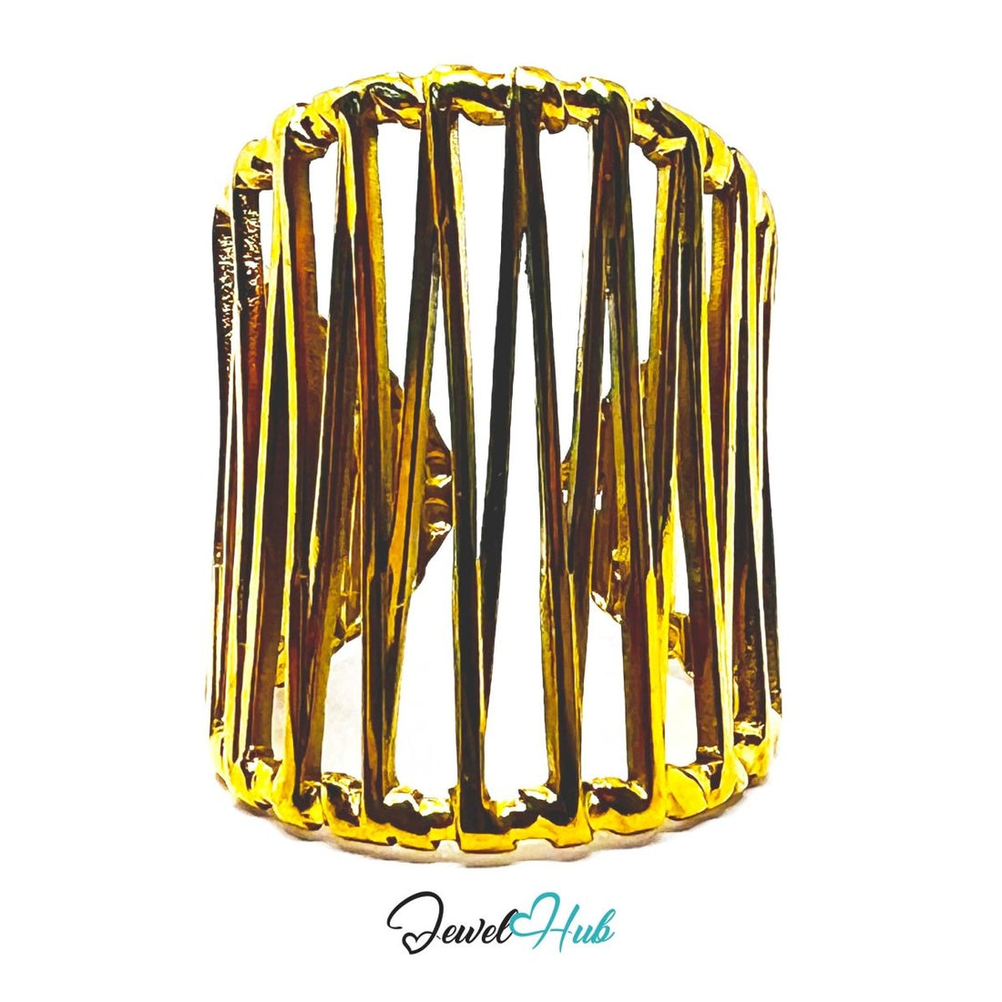 Gold Vertical Bar Cage Adjustable Stainless Steel Statement Ring - JewelHub.co.uk