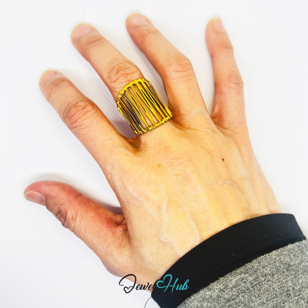 Gold Vertical Bar Cage Adjustable Stainless Steel Statement Ring - JewelHub.co.uk
