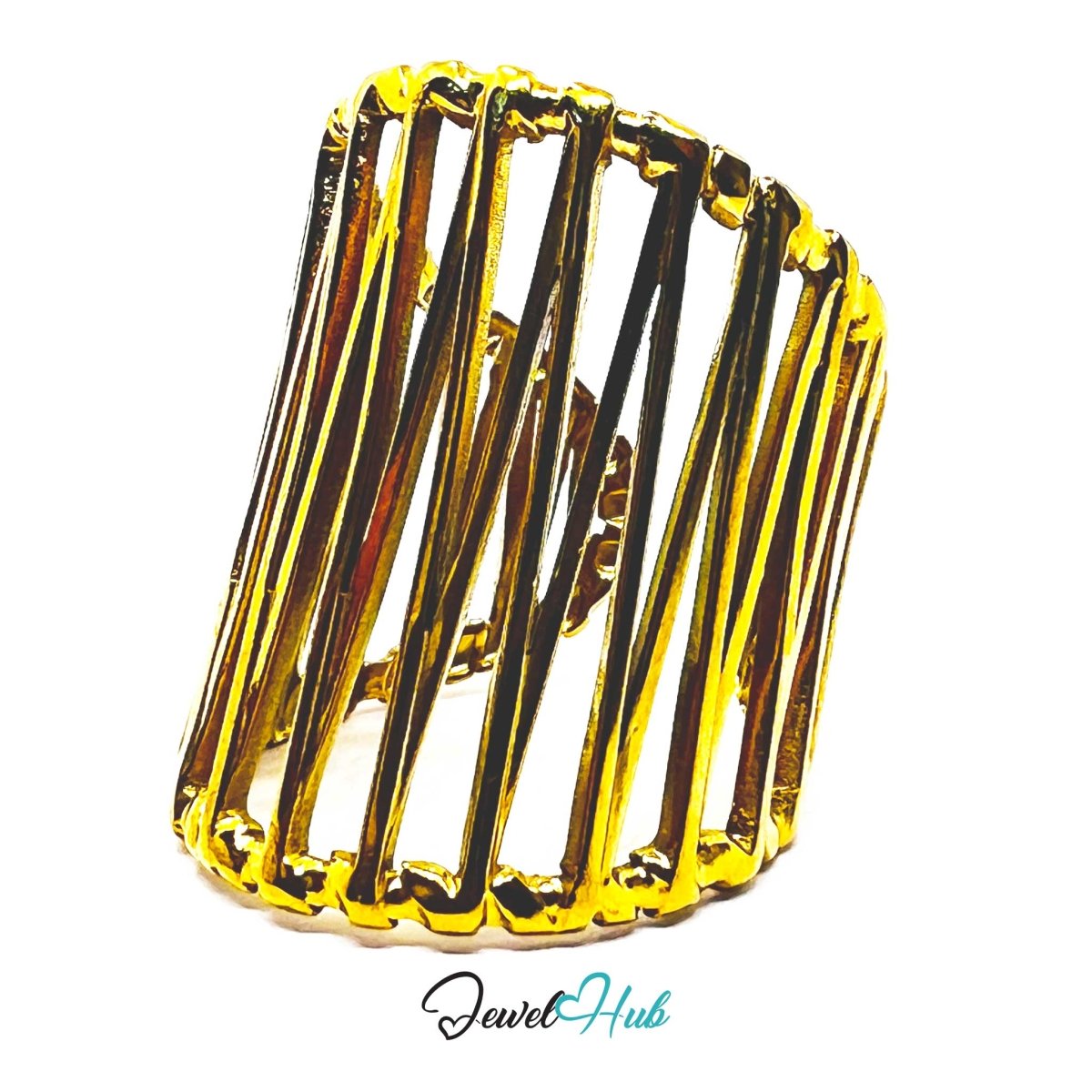 Gold Vertical Bar Cage Adjustable Stainless Steel Statement Ring - JewelHub.co.uk
