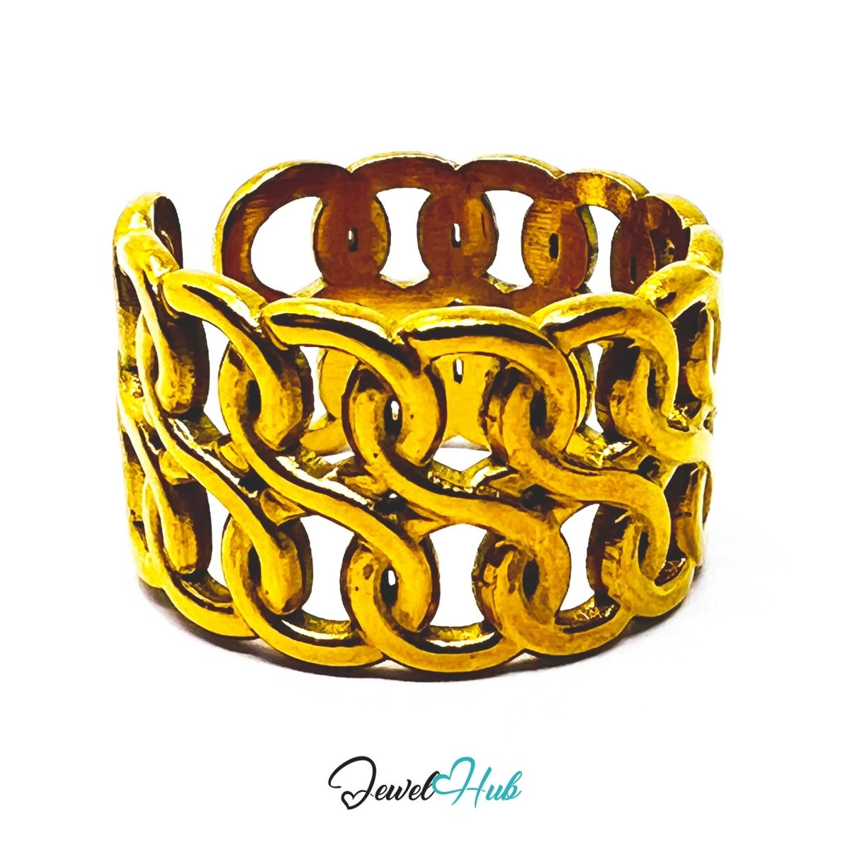 Gold Woven Chain Link Adjustable Stainless Steel Band Ring - JewelHub.co.uk