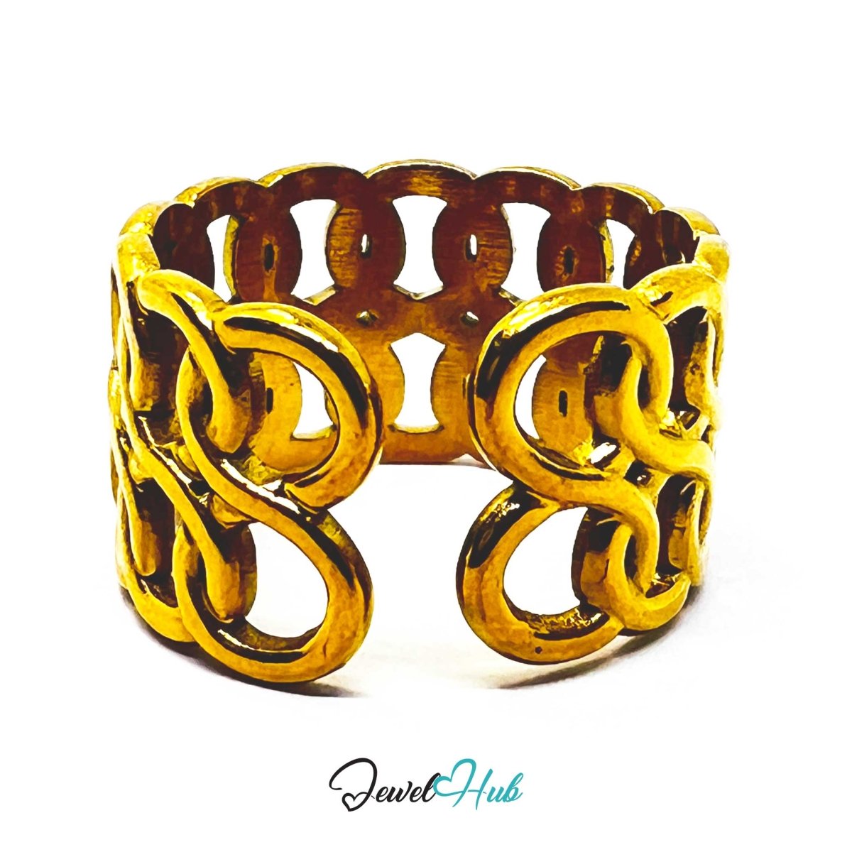 Gold Woven Chain Link Adjustable Stainless Steel Band Ring - JewelHub.co.uk
