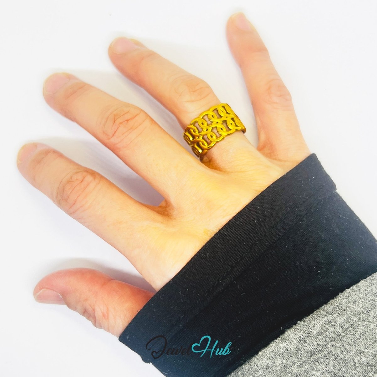 Gold Woven Chain Link Adjustable Stainless Steel Band Ring - JewelHub.co.uk