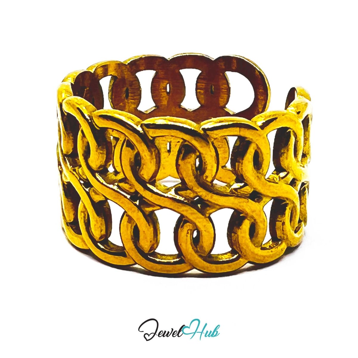 Gold Woven Chain Link Adjustable Stainless Steel Band Ring - JewelHub.co.uk