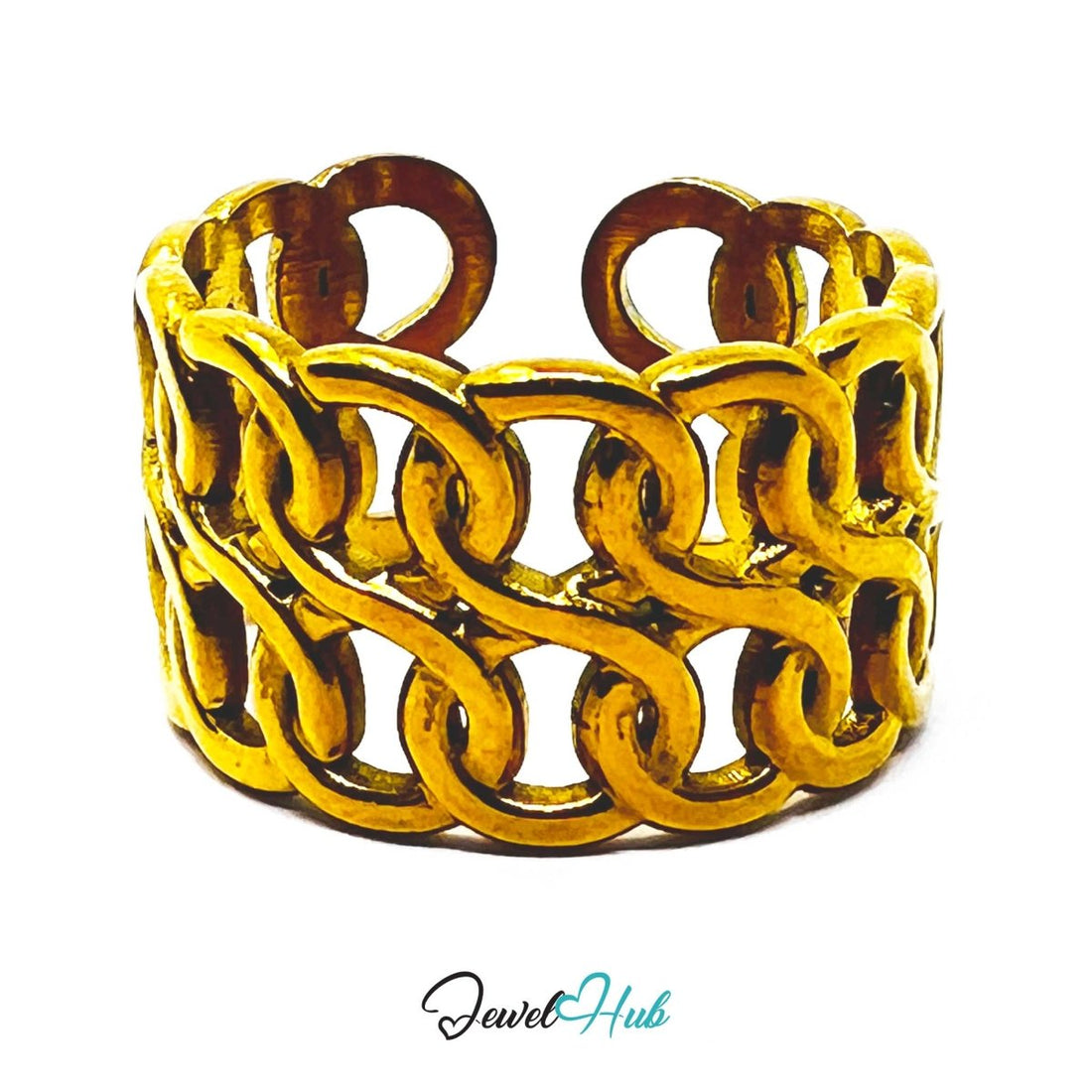 Gold Woven Chain Link Adjustable Stainless Steel Band Ring - JewelHub.co.uk