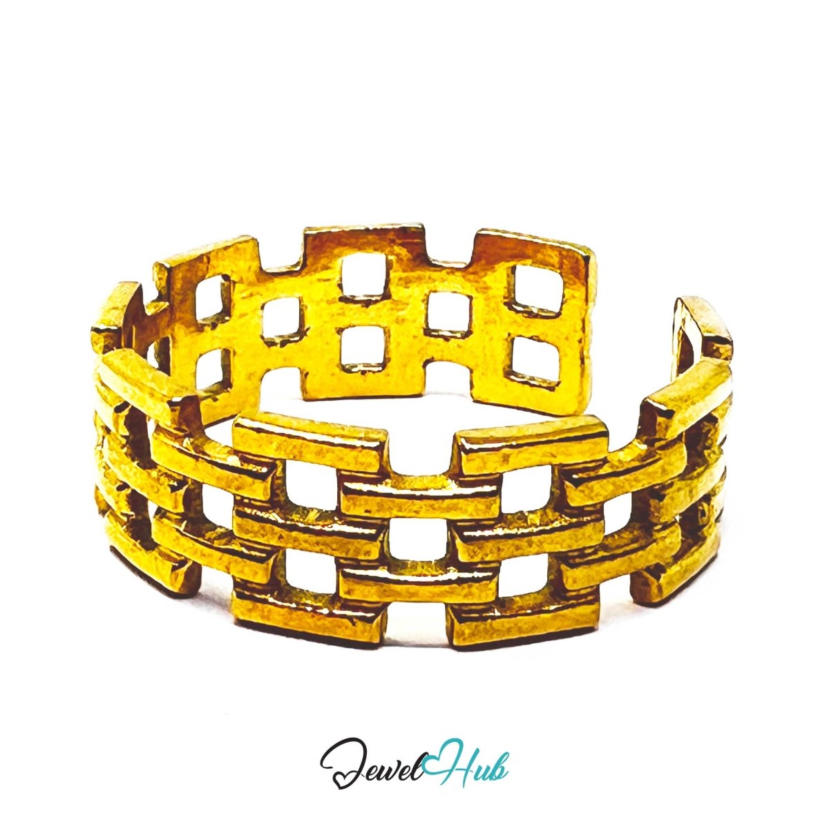 Gold Woven Grid Openwork Adjustable Stainless Steel Ring - JewelHub.co.uk