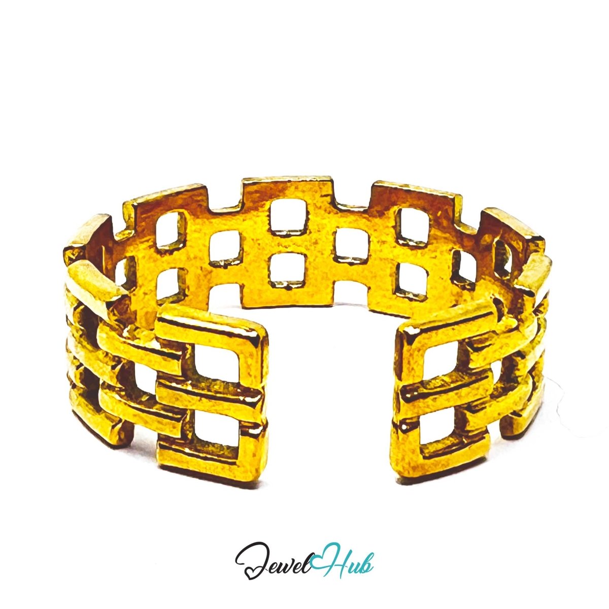 Gold Woven Grid Openwork Adjustable Stainless Steel Ring - JewelHub.co.uk