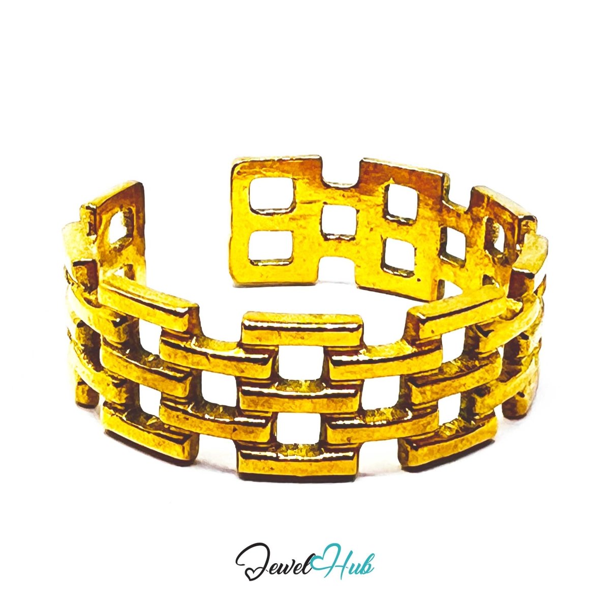 Gold Woven Grid Openwork Adjustable Stainless Steel Ring - JewelHub.co.uk
