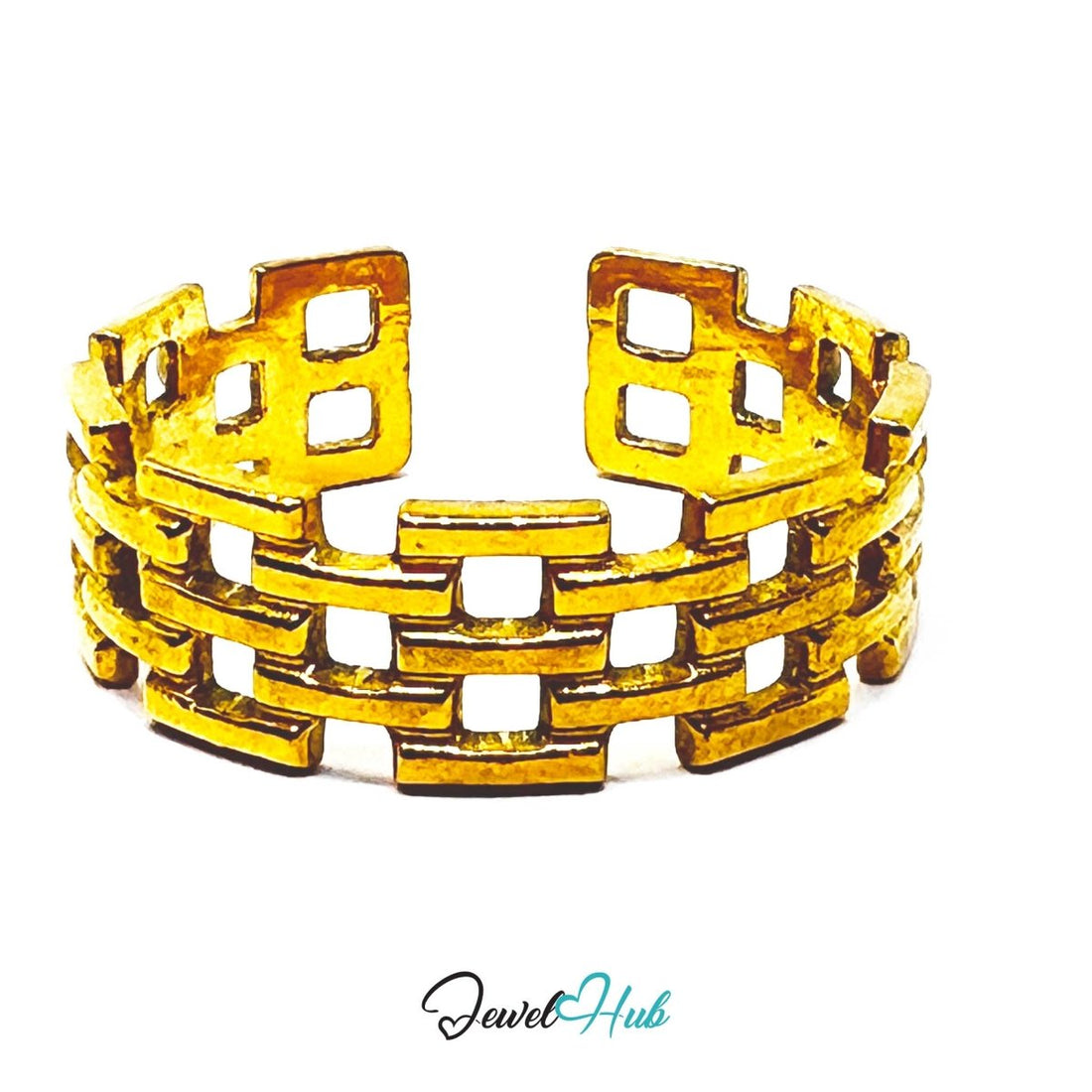 Gold Woven Grid Openwork Adjustable Stainless Steel Ring - JewelHub.co.uk