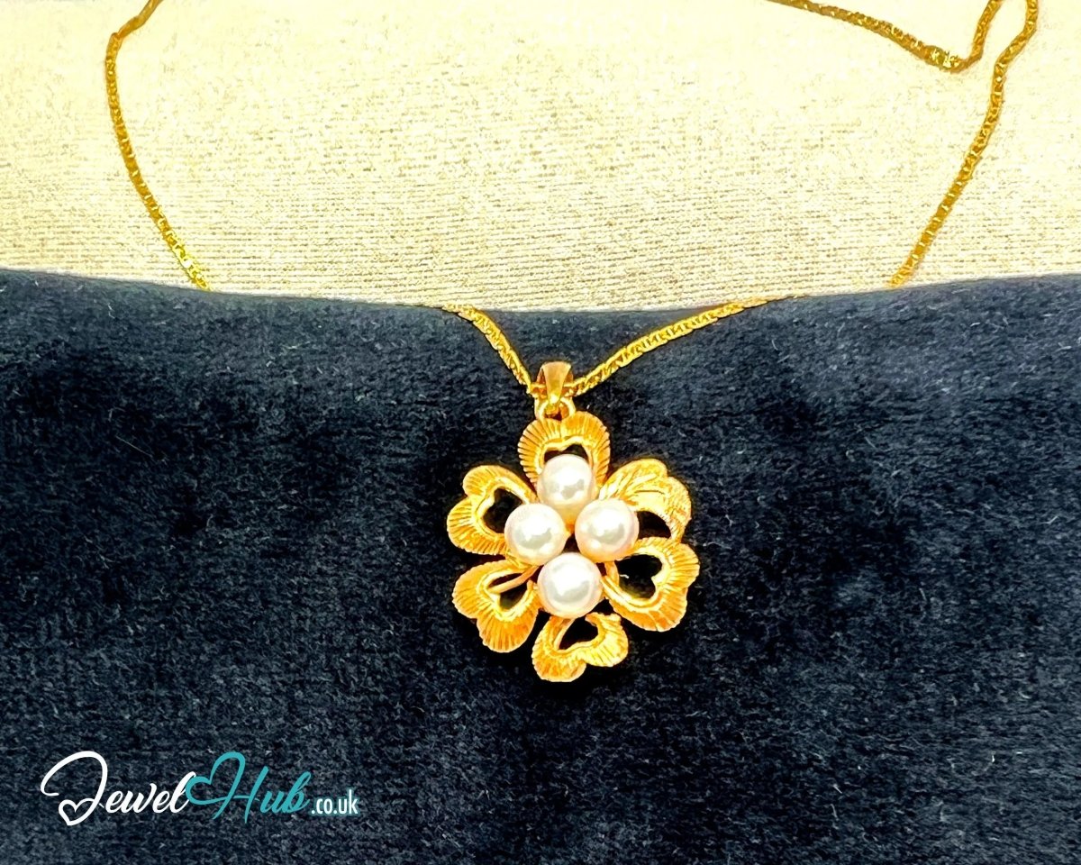 Golden Petals | Floral Elegance Pearl Pendant in 14K Solid Gold - JewelHub.co.uk