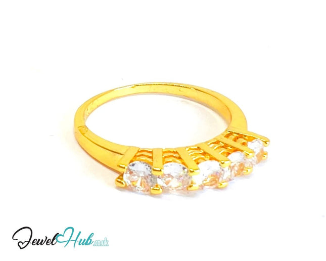 🔱 Golden Quintet Ring – Gold - Plated Copper · UK R · US 9 · Five CZ Stones · Sculptural Symmetry - JewelHub.co.uk