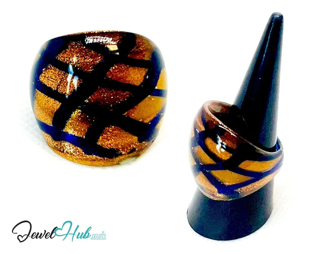 GoldGrid 🖤 Glass Ring – UK O · US 7.5 · Giant Series · Checkered Statement · 9.26g - JewelHub.co.uk