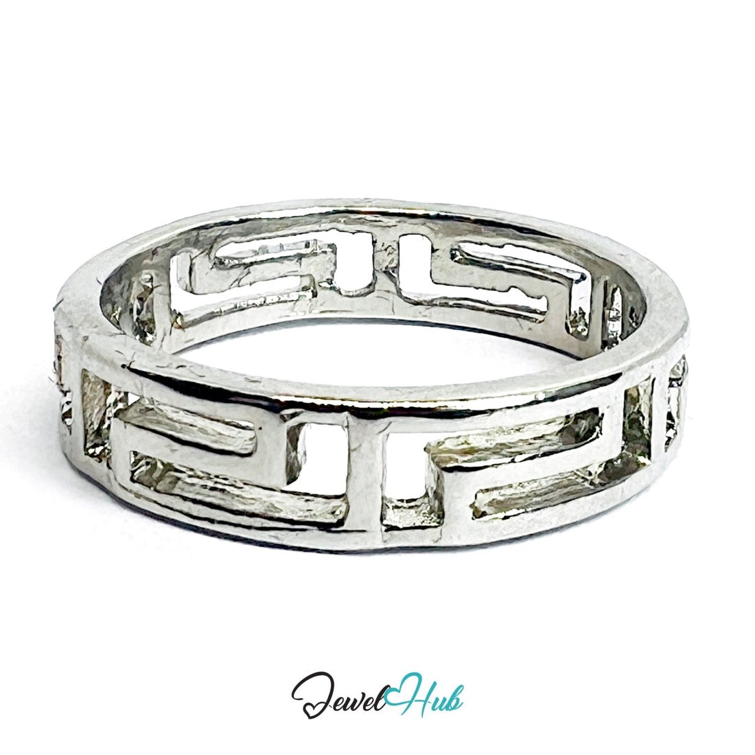 Greek Key Cutout Ring | Silver‑Tone Zinc Alloy Geometric Band - JewelHub.co.uk