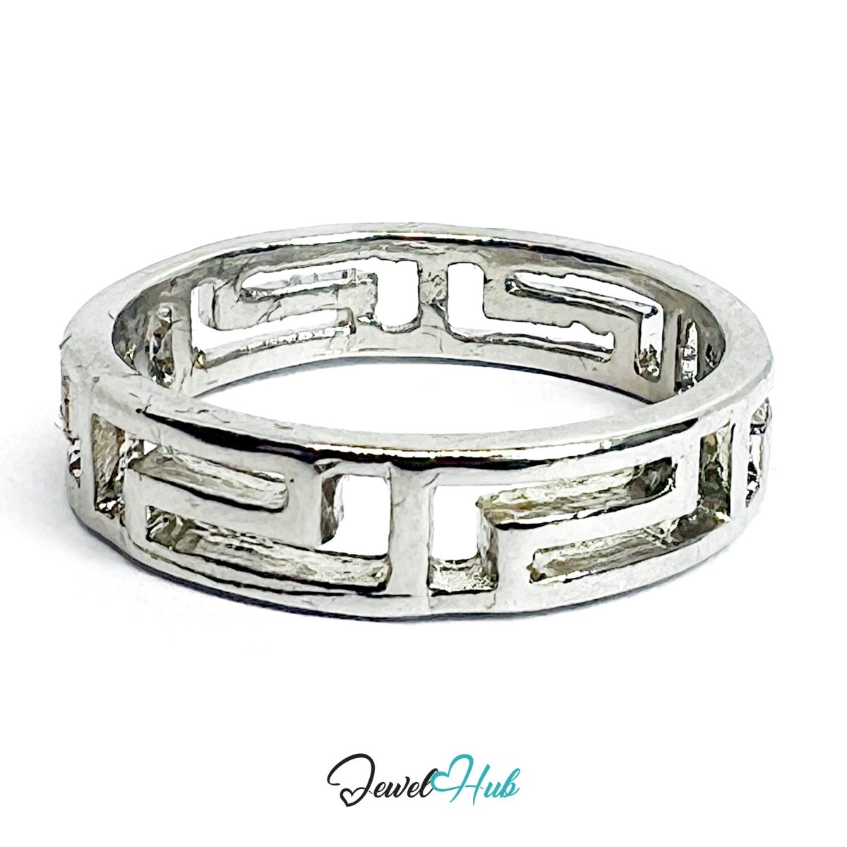 Greek Key Cutout Ring | Silver‑Tone Zinc Alloy Geometric Band - JewelHub.co.uk