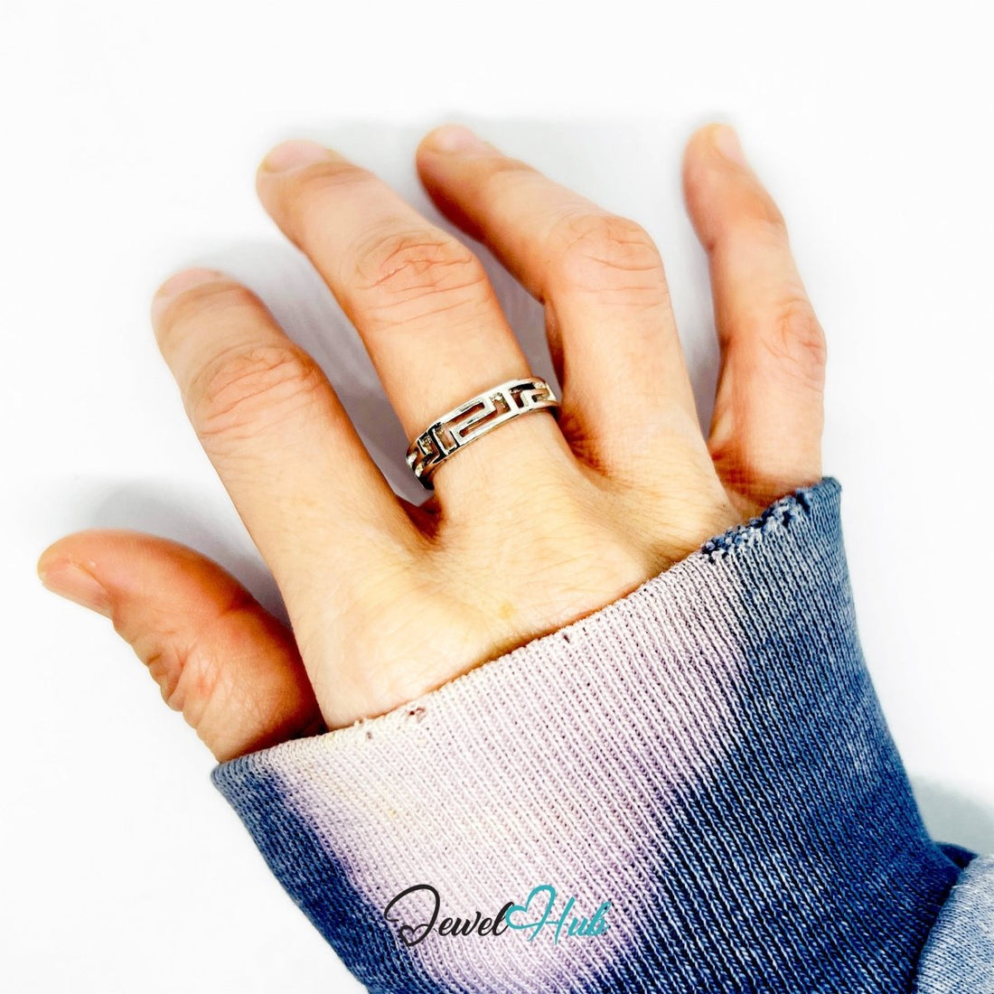 Greek Key Cutout Ring | Silver‑Tone Zinc Alloy Geometric Band - JewelHub.co.uk