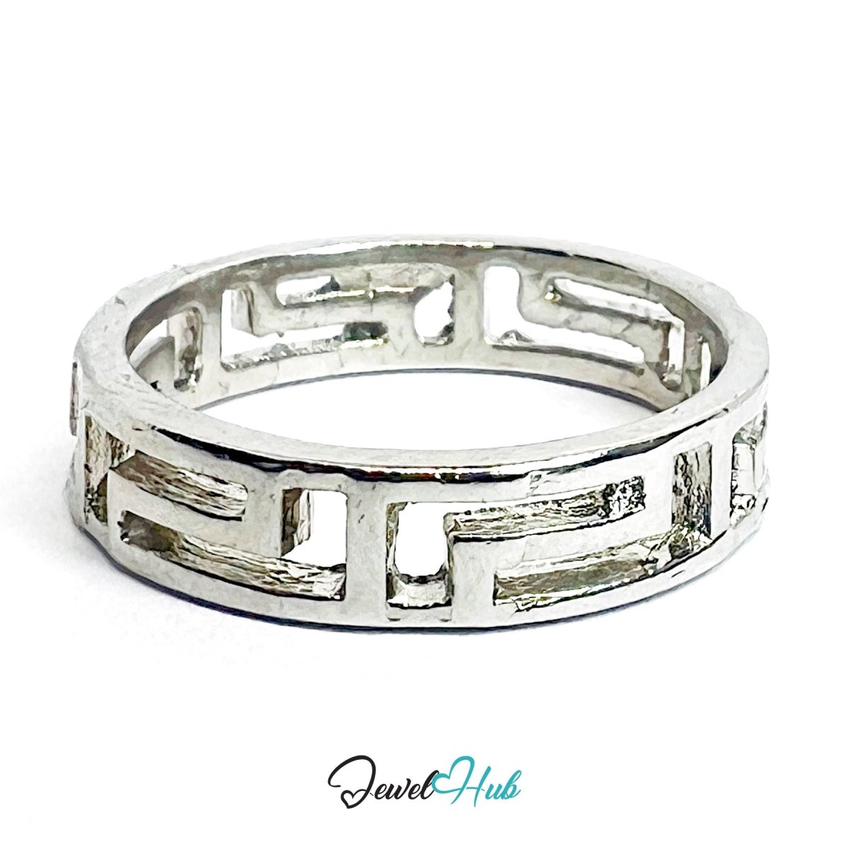 Greek Key Cutout Ring | Silver‑Tone Zinc Alloy Geometric Band - JewelHub.co.uk