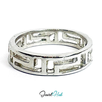 Greek Key Cutout Ring | Silver‑Tone Zinc Alloy Geometric Band - JewelHub.co.uk