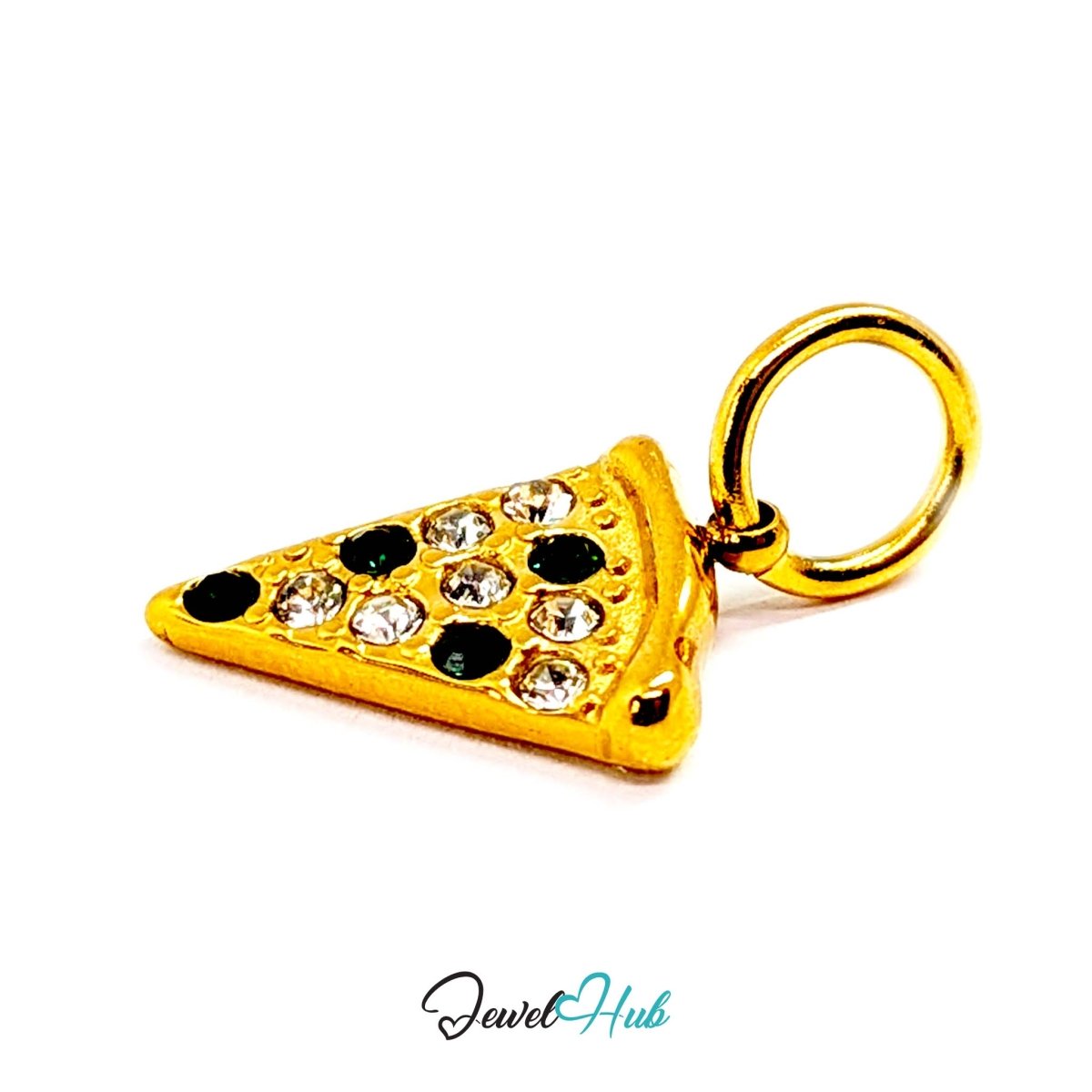 Pizza slice charm in gold stainless steel set with clear and dark green crystals - three-quarter view - JewelHub