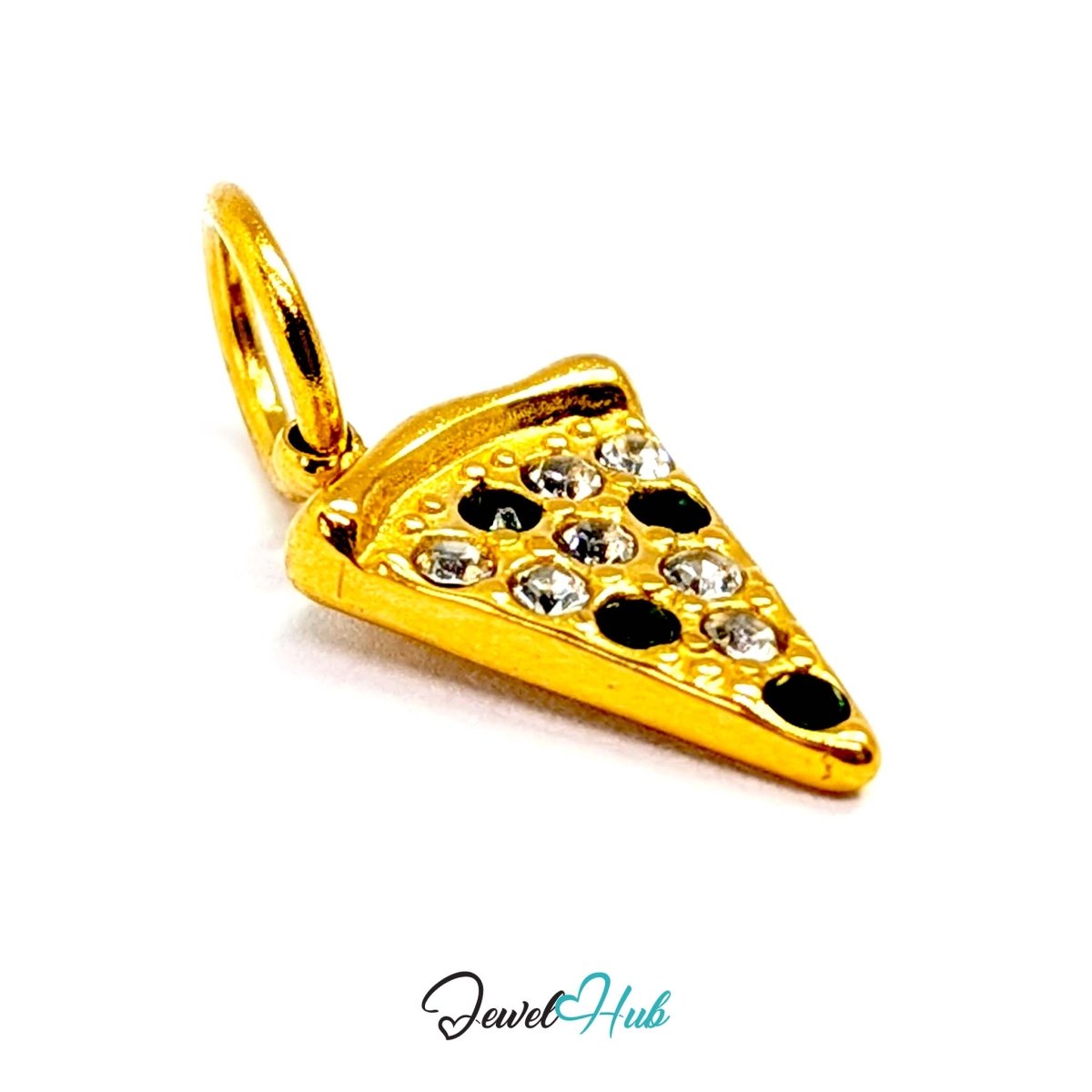 Pizza slice charm in gold stainless steel set with clear and dark green crystals - angled view - JewelHub