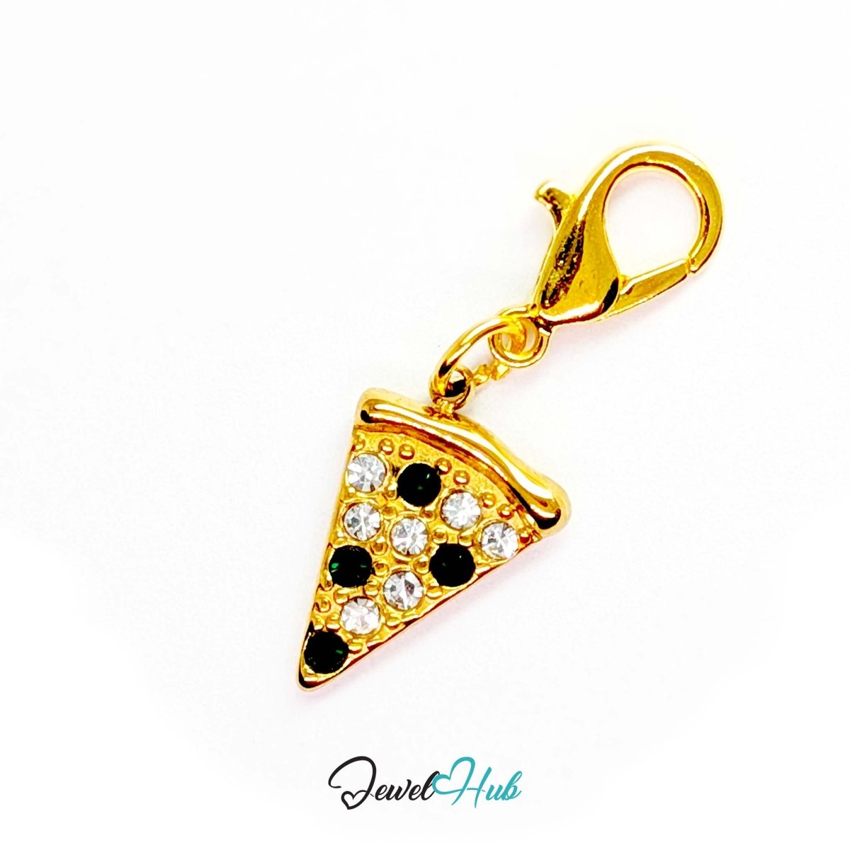 Pizza slice charm in gold stainless steel set with clear and dark green crystals - shown with the lobster clasp attached - JewelHub