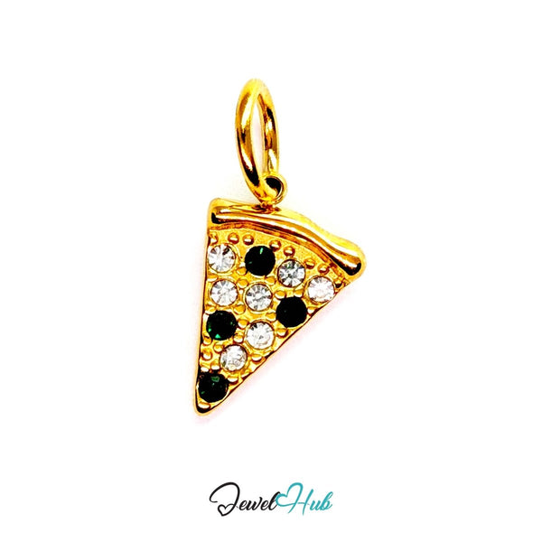 Pizza slice charm in gold stainless steel set with clear and dark green crystals - front view - JewelHub