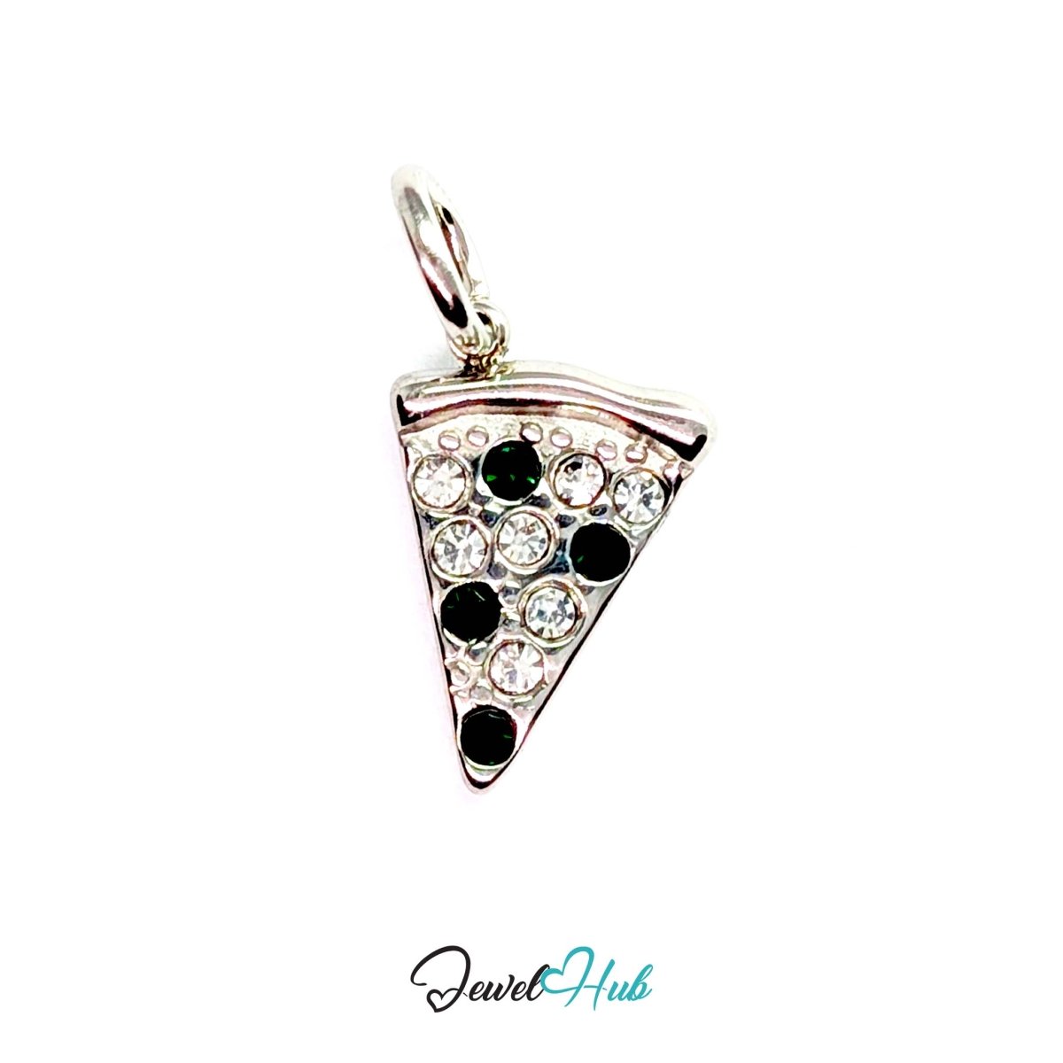 Pizza slice charm in silver stainless steel set with clear and dark green crystals - front view - JewelHub